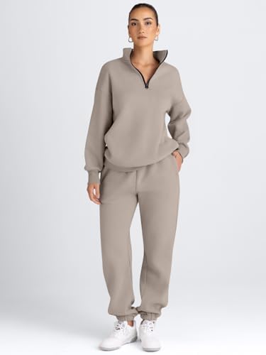 AUTOMET Women's Sweatsuits 2 Piece Outfits Lounge Sets Long Sleeve Half Zip Pullover And Baggy Sweatpants With Pockets