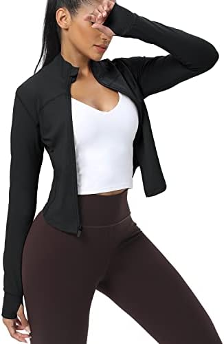 AVGO Women's Cropped Running Workout Jackets Zip Slim Fit Athletic Tops With Thumb Holes