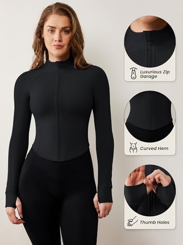 AVGO Women's Workout Jacket Lightweight Zip Up Cropped Yoga Jackets Slim Fit Athletic Tops With Thumb Holes