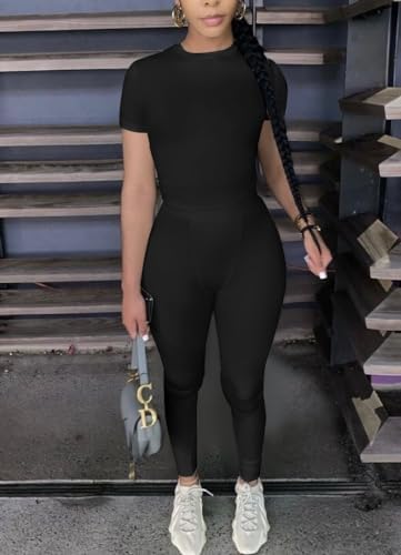 AYWA Two Piece Outfits For Women Fitted Crew Neck T-shirt High Waist Leggings Biker Shorts Matching Sets Streetwear