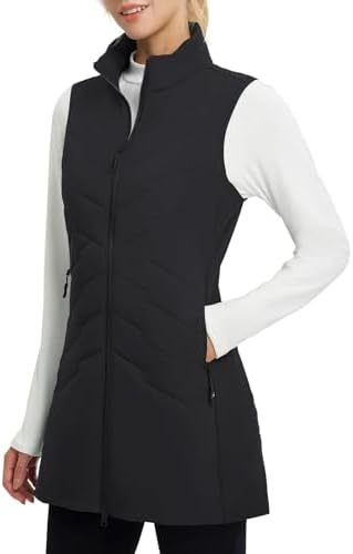 baleaf Women's Long Puffer Vest Quilted Outerwear Sleeveless Running Jacket Fall Winter Warm Fleece Hybrid Coat