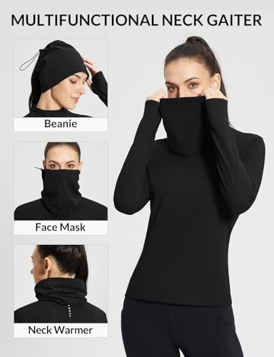 Baleaf Women's Thermal Long Sleeve Shirts Fleece Mock Neck Top Warm Undershirts With Detachable Neck Gaiter Thumbholes