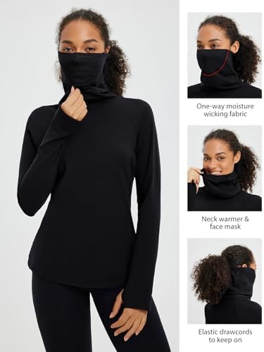 Baleaf Women's Thermal Turtleneck Tops Long Sleeve Shirts Ski Base Layer With Integrated Neck Face Mask Thumbholes