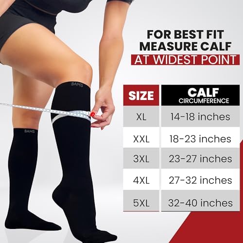 BAMS Plus Size Compression Socks Wide Calf XL XXL XXXL – Graduated Knee-High Support Viscose From Bamboo Easy-On/Easy-Off
