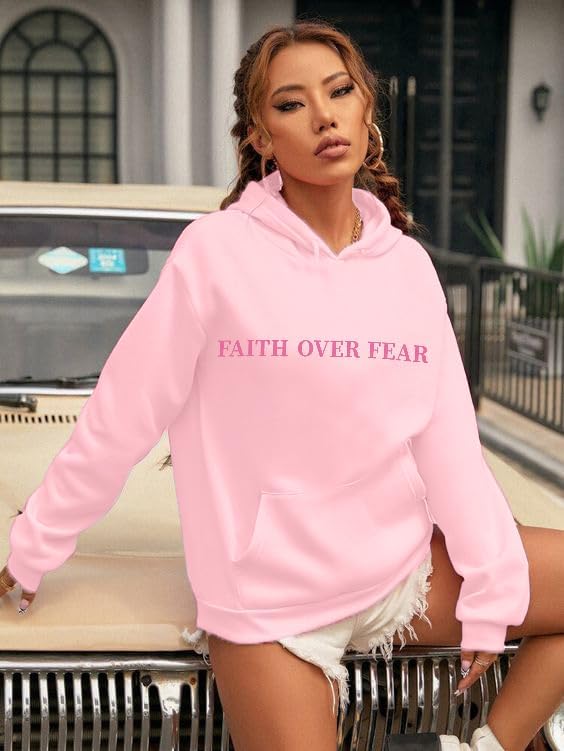 BANGELY Faith Over Fear Hoodie Women Christian Sweatshirt Graphic Christian Religious Sayings Sweater Bible Pullover Tops