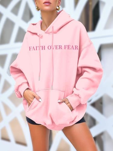BANGELY Faith Over Fear Hoodie Women Christian Sweatshirt Graphic Christian Religious Sayings Sweater Bible Pullover Tops