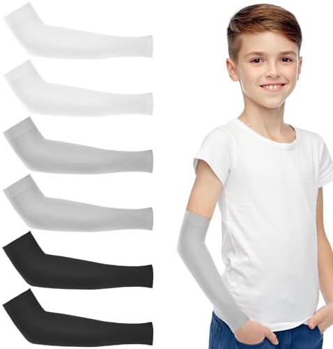 Basketball Arm Sleeve Youth 3 Pairs Youth Compression Sleeve Volleyball Basketball Arm Sleeves Kids For Boys Girls Black White Gray
