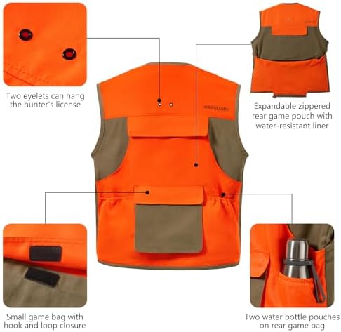 BASSDASH Multi Pockets Upland Field Bird Hunting Vest Blaze Orange Brown Water Resistant Rip Stop For Men Women