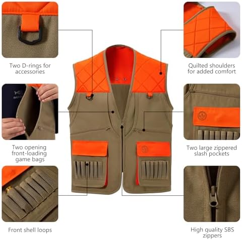 BASSDASH Multi Pockets Upland Field Bird Hunting Vest Blaze Orange Brown Water Resistant Rip Stop For Men Women