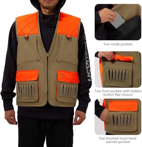 BASSDASH Multi Pockets Upland Field Bird Hunting Vest Blaze Orange Brown Water Resistant Rip Stop For Men Women