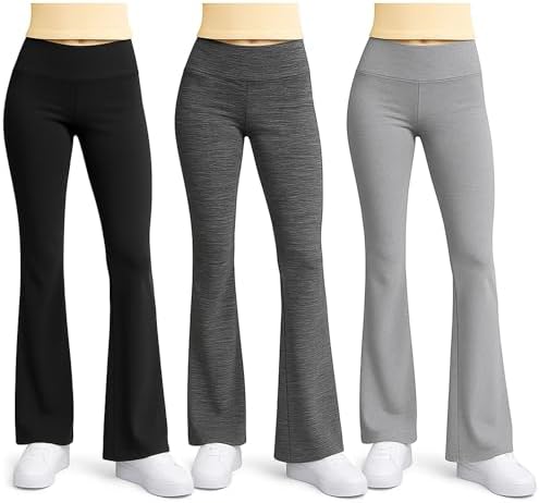 Beat Street Girls Flare Leggings - 3 Pack Athletic Kids Fold Over Waist Bell Bottom Pants for Yoga Dance - Made in USA