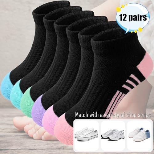 Bemeol Girls Socks 12 Pairs Ankle Socks Girls Athletic Cotton Sports Low Cut Sock For Little Big Kids