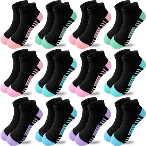 Bemeol Girls Socks 12 Pairs Ankle Socks Girls Athletic Cotton Sports Low Cut Sock for Little Big Kids