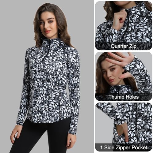 Beroy Women's 1/4 Zip Shirts Pullover Long Sleeve Thumb Holes Workout Athletic Hiking Running Shirt With Pocket