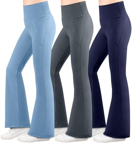 BIG ELEPHANT Girl's Flare Leggings with Pockets Kids Bootcut Yoga Pants High Waisted Bell Bottoms for Dance