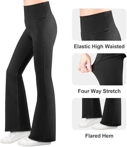BIG ELEPHANT Girl's Flare Leggings With Pockets Kids Bootcut Yoga Pants High Waisted Bell Bottoms For Dance