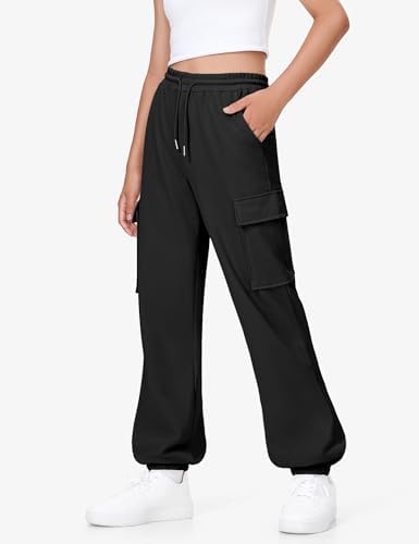 BOOPH Girls Sweatpants Kids Baggy Cargo Pants Athletic Drawstring Jogger Pants With Pockets 7-14Y
