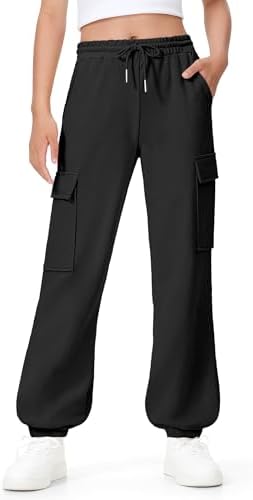 BOOPH Girls Sweatpants Kids Baggy Cargo Pants Athletic Drawstring Jogger Pants with Pockets 7-14Y