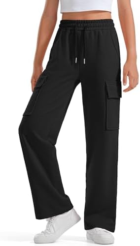 BOOPH Girls Sweatpants Kids Drawstring Cargo Pants Teen Girls Wide Leg Baggy Joggers Pants With Pockets