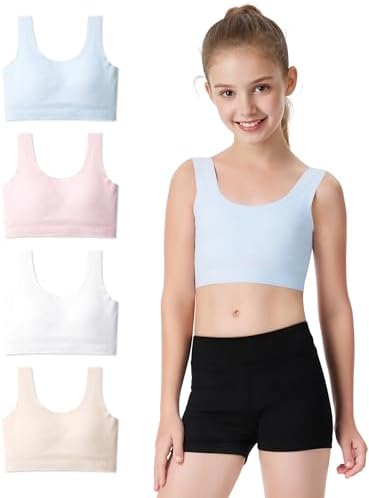 BOOPH Girls Training Bras Kids Seamless Bra Longline Crop Fixed Pads Underwear for Teen Girl Sports 9-14Y 4 Packs