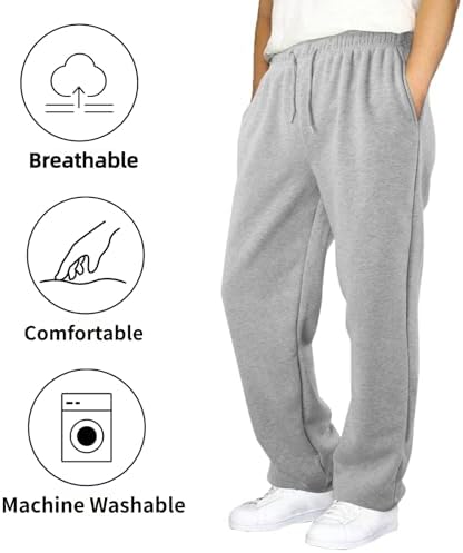 Boys Baggy Cargo Sweatpants Straight Wide Leg Open Bottom Drawstring Elastic Waist Workout Athletic Joggers Sweat Pants