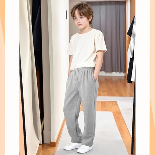 Boys Baggy Cargo Sweatpants Straight Wide Leg Open Bottom Drawstring Elastic Waist Workout Athletic Joggers Sweat Pants
