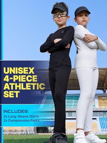 Boys Compression Pants And Youth Athletic Shirts Set 4 Piece Base Layer Gear For Kids Sports Football Soccer