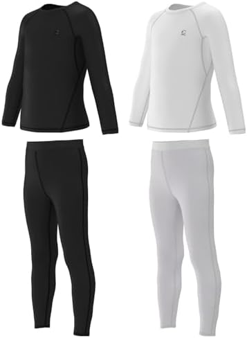 Boys Compression Pants and Youth Athletic Shirts Set 4 Piece Base Layer Gear for Kids Sports Football Soccer