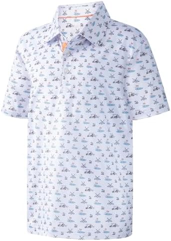 Boys Polo Shirt Short Sleeve Performance Dry Fit Stretch Funny Print Active Casual Collared Golf Shirts for Boy