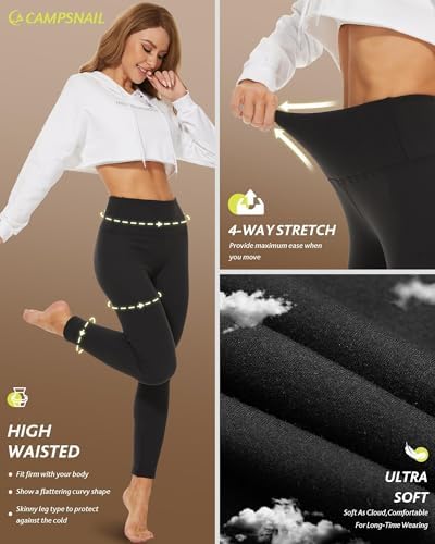 CAMPSNAIL Fleece Lined Leggings Women - Thick Soft High Waisted Black Tummy Control Thermal Warm Velvet Pants For Cold Winter