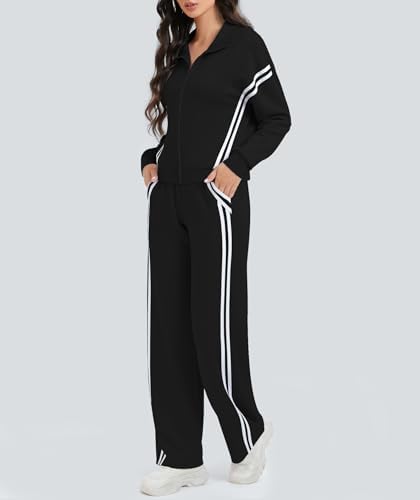 Casly Lamiit Women's 2 Piece Lounge Outfits Zip Up Sweat Set Contrast Striped Wide Leg Jogging Pants Travel Track Suit