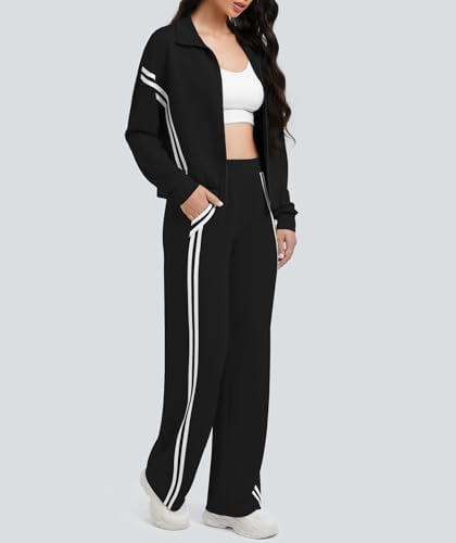 Casly Lamiit Women's 2 Piece Lounge Outfits Zip Up Sweat Set Contrast Striped Wide Leg Jogging Pants Travel Track Suit
