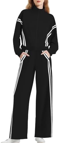 Casly Lamiit Women's 2 Piece Lounge Outfits Zip Up Sweat Set Contrast Striped Wide Leg Jogging Pants Travel Track Suit
