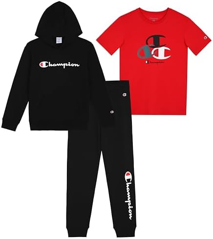 Champion Boys Sweatsuit Set for Kids 3 Piece Boys Hoodie Jogger and Tee Shirt Tracksuit Outfit