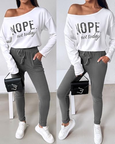 CHICME Women Tracksuit 2025 Fall 2 Piece Outfits Off The Shoulder Long Sleeve Tops And Pants Set Travel Outfits
