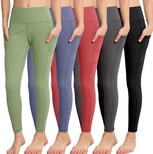 CHRLEISURE Girls' Athletic Leggings with Pockets 5 Packs Kids Teen Dance Yoga Workout Running Pants for 5-15 Years