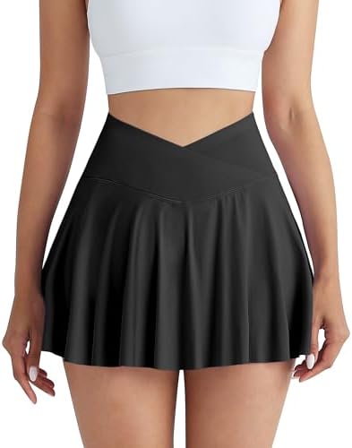 CHRLEISURE Women Tennis Golf Skirt with Pockets - High Waisted Crossover Golf Pleated Athletic Workout Dress Running Skort
