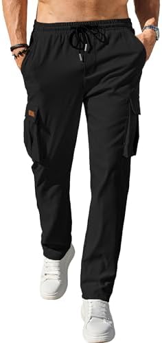 Comdecevis Men's Casual Cargo Pants Workout Joggers Stretch Sweatpants Hiking Drawstring Tactical Pants With Multi Pockets