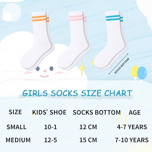 Comfoex 10 Pairs Girls Crew Cotton Socks Athletic Calf Striped Soft Casual Socks For Kids 4-6 6-8 8-10 Years Old