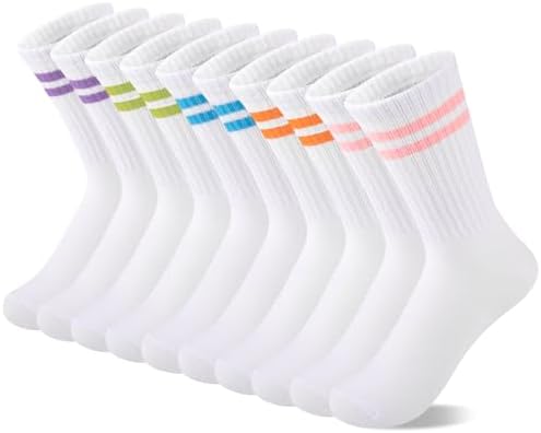 Comfoex 10 Pairs Girls Crew Cotton Socks Athletic Calf Striped Soft Casual Socks For Kids 4-6 6-8 8-10 Years Old
