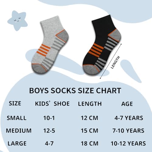 Comfoex Boys Athletic Quarter Socks - Ankle Sports Socks With Cushioned Sole - 6 Pairs Sizes 4-6 6-8 8-10 Years Old