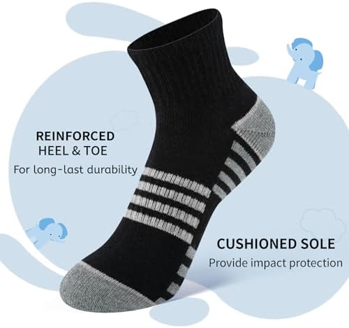 Comfoex Boys Athletic Quarter Socks - Ankle Sports Socks With Cushioned Sole - 6 Pairs Sizes 4-6 6-8 8-10 Years Old