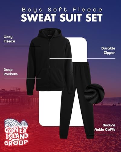 Coney Island Boys Sweat Suit Set - 2 Piece Soft Fleece Zip Up Hoodies And Athletic Jogger Sweatpants For Boys (Sizes: 5-16)