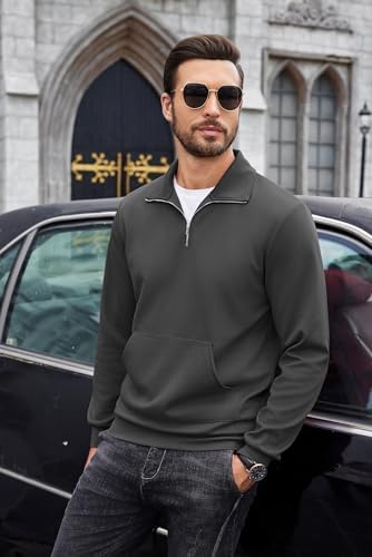 COOFANDY Mens Quarter Zip Pullover Mock Neck Sweatshirt Long Sleeve Sweater Polo Half Zip Pullover With Pocket