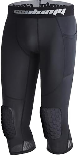 COOLOMG Basketball Leggings with Knee Pads for Kids Youth 3/4 Compression Pants Capri Tights Side Pockets