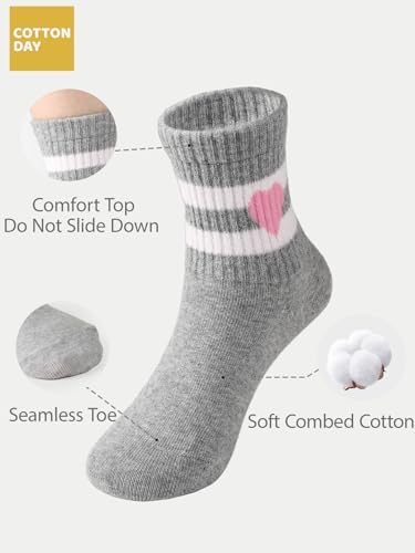 COTTON DAY Kids Girls Pink White Crew Athletic Socks With Retro Stripes Hearts
