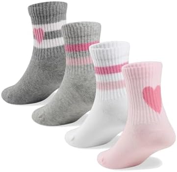 COTTON DAY Kids Girls Pink White Crew Athletic Socks with Retro Stripes Hearts