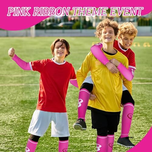 Cozypower 12 Pairs Breast Cancer Awareness Sleeves And Socks Pink Ribbon Football Arm Sleeves Knee High Socks For Youth Sport