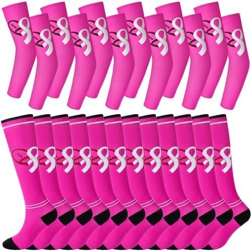 Cozypower 12 Pairs Breast Cancer Awareness Sleeves and Socks Pink Ribbon Football Arm Sleeves Knee High Socks for Youth Sport