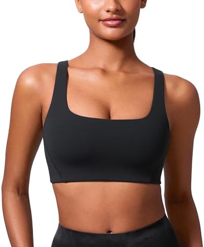 CRZ YOGA Butterlift Double Lined Square Neck Sports Bras for Women - Wireless V-Shaped Racerback Workout Yoga Top Non Padded